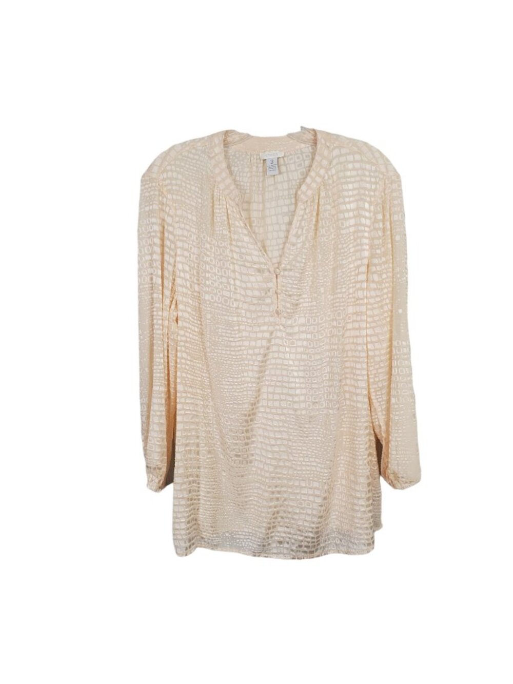 Chicos 3 Size XL Blouse Puff Sleeve Sheer Textured Geometric Flowy Light Blush - Picture 2 of 7